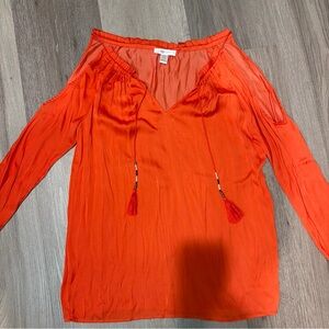 Motherhood Maternity Womens Cold Shoulder Bright Orange Blouse Tassels Sz Small